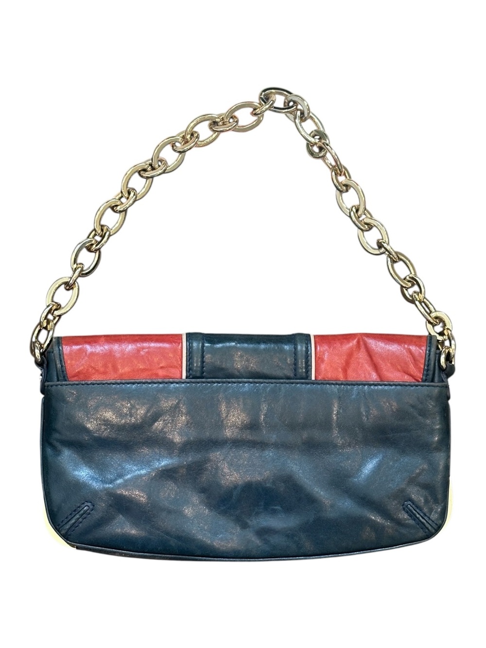 VTG Y2K Milly Racing Stripe Leather Chain Strap Turn Lock Shoulder Bag Navy/Red - Picture 3 of 6